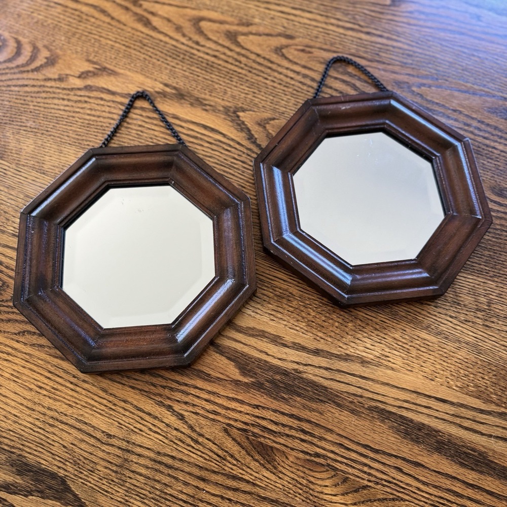 Vintage Wooden Framed Octagonal Wall Mirror Pair Set‎ Of 2 10" MCM Dark Stain